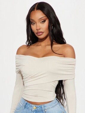 Fashion Nova Off-Shoulder Ruched Crop Top - Cream